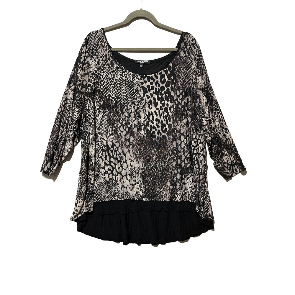 CABLE & GAUGE Top Women's 3X Black Animal Print Lined Casual Modern